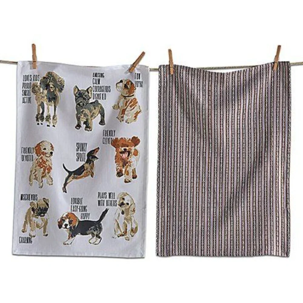 TAG Friendly Dogs Flour Sack Dishtowels — Set of 2 — Dog Print + Plaid — 100% Co